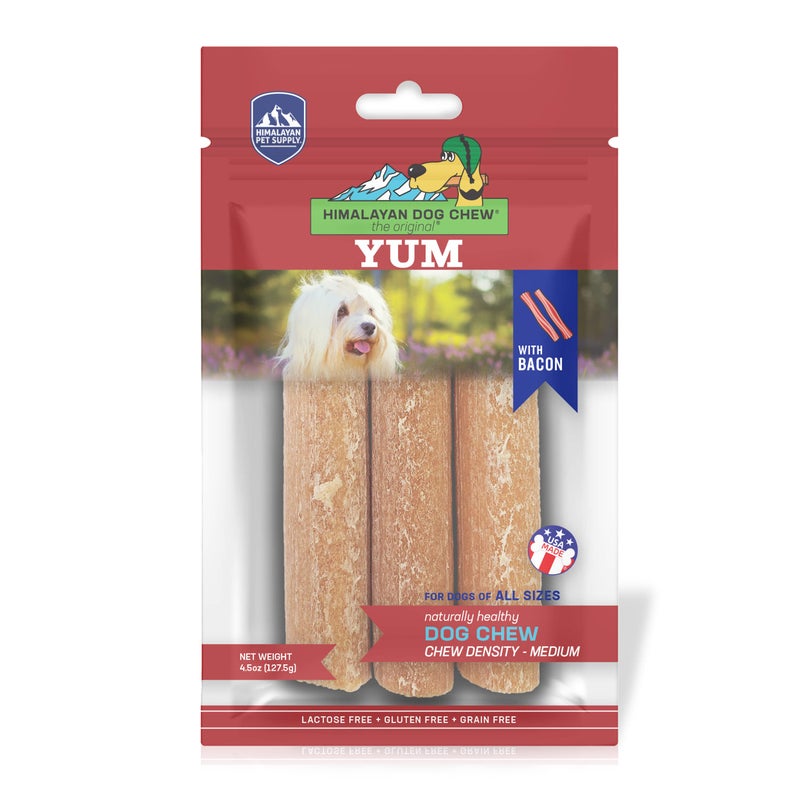 Himalayan Dog Chew Yak Cheese Dog Chews, Lactose Free & Grain Free, USA Made, For All Dog Breeds, Medium Density Cheese Chew, Resealable Pouch with 3 YUM Treats, Bacon Flavor - Image 1