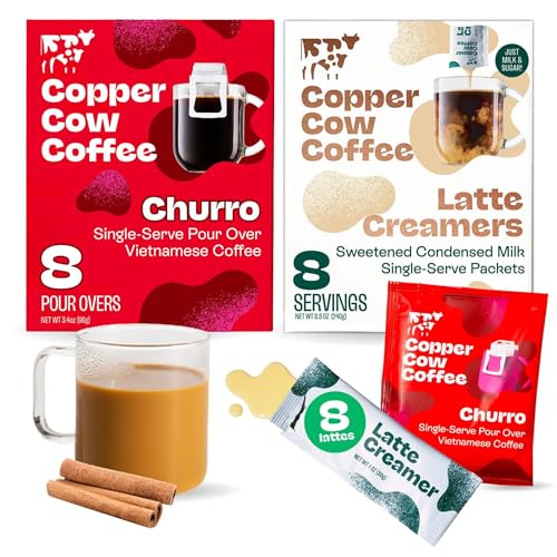 Copper Cow Coffee Vietnamese Churro Pour Over Coffee  Creamer Set 8 Coffees  8 Creamers  Dark Roast  Real Cinnamon  No Artificial Flavors  No Refrigeration Needed  As Seen on Shark Tank - Image 1