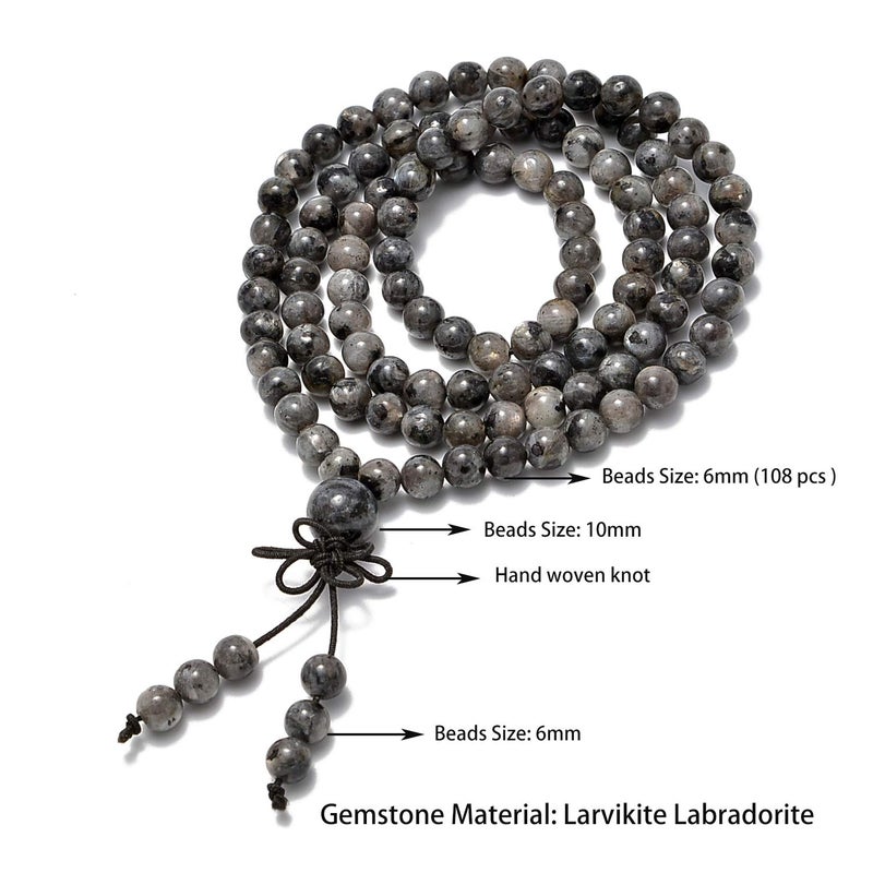 أد بيدز خرز AD من أحجار كريمة طبيعية بوذية، 108 خرزة صلاة شفاء، سوار مالا مطاطي، قلادة، 6 مم (لارفيكيت لابرادوريت) - Image 3