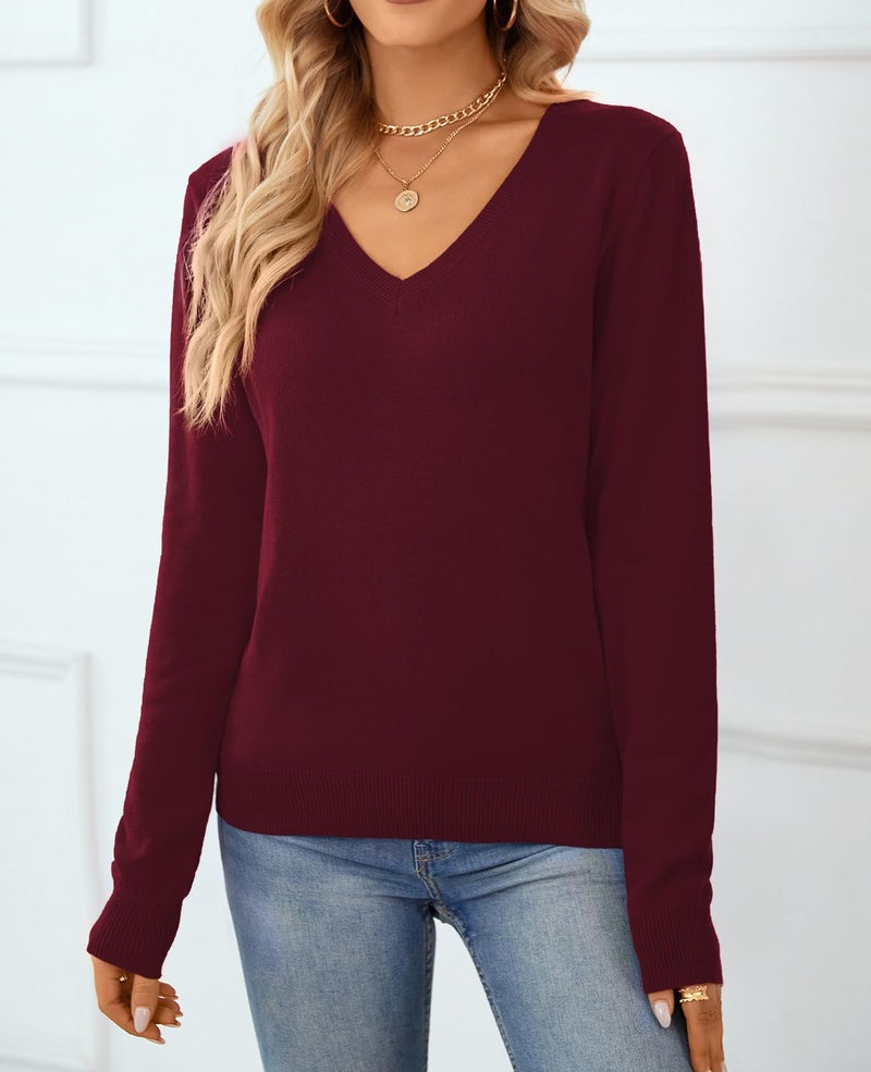 QUALFORT Women's 100% Cotton Sweater V Neck Long Sleeve Knitted Jumper Tops Burgundy Large - Image 3