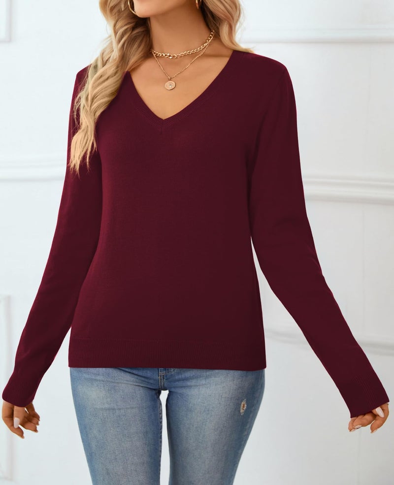 QUALFORT Women's 100% Cotton Sweater V Neck Long Sleeve Knitted Jumper Tops Burgundy Large - Image 5
