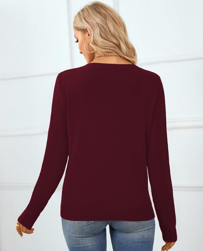 QUALFORT Women's 100% Cotton Sweater V Neck Long Sleeve Knitted Jumper Tops Burgundy Large - Image 4