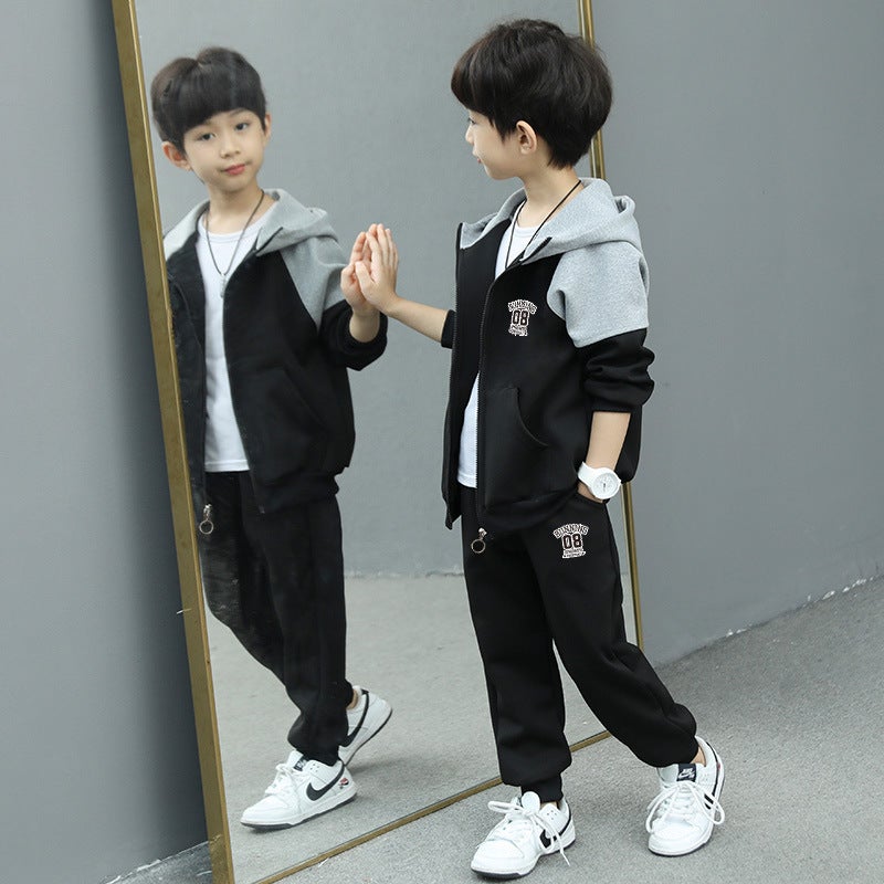 Boys fleece-lined Spring and Autumn Winter Clothing suit 2022 New Childrens Sportswear Jacket Korean Style Foreign Handsome Long Sleeve Jacket 08-grey - Image 2