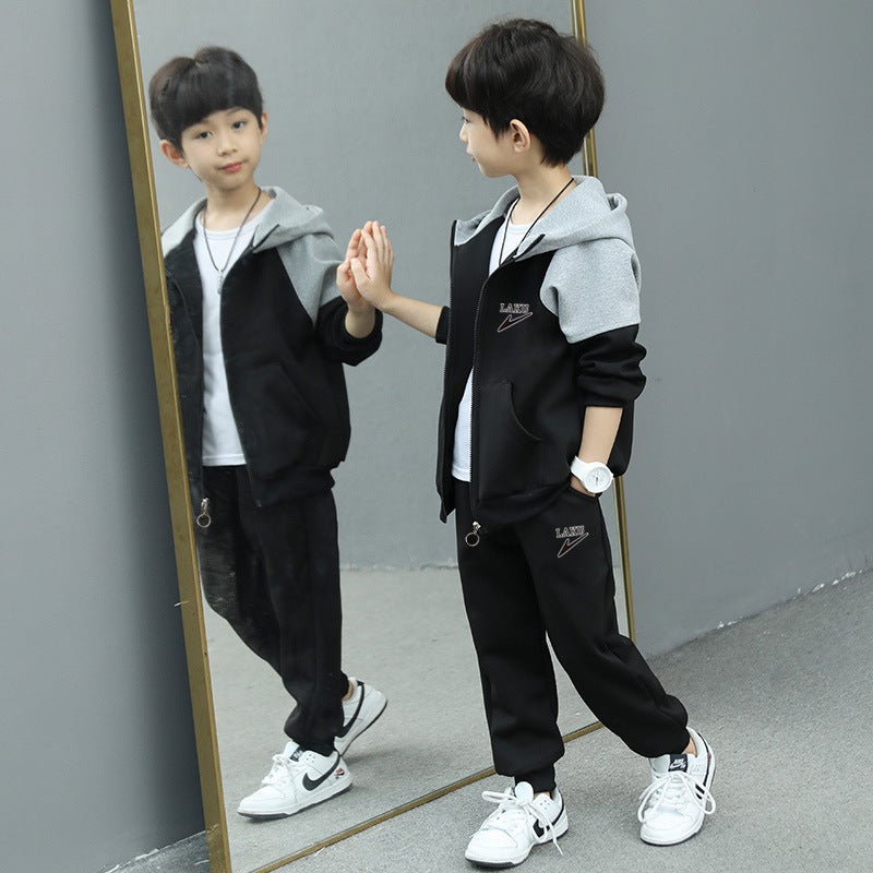 Boys fleece-lined Spring and Autumn Winter Clothing suit 2022 New Childrens Sportswear Jacket Korean Style Foreign Handsome Long Sleeve Jacket 08-grey - Image 4
