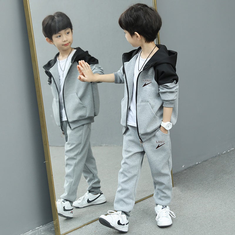 Boys fleece-lined Spring and Autumn Winter Clothing suit 2022 New Childrens Sportswear Jacket Korean Style Foreign Handsome Long Sleeve Jacket 08-grey - Image 5