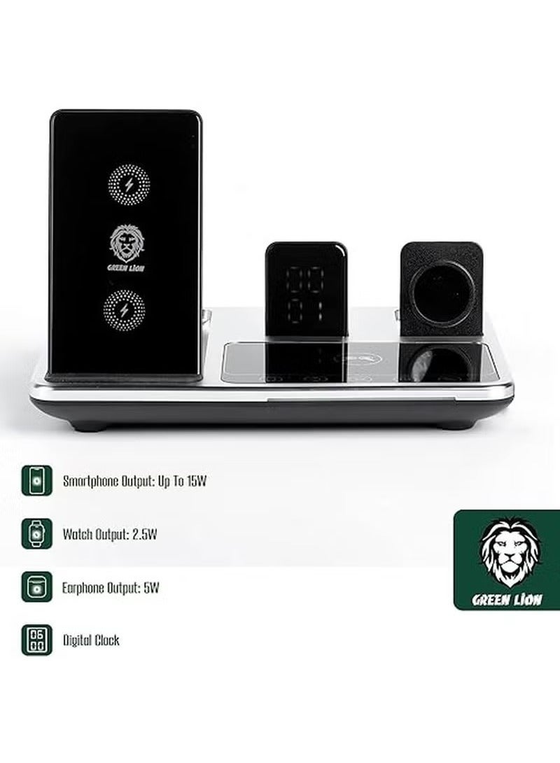 GREEN LION 4 in 1 Wireless Charging Station / Built-In Safety / Innovative Design / Charge Three Devices at Once / Fast Charging / Digital Clock / One Touch Automatic Lift - Grey - Image 4