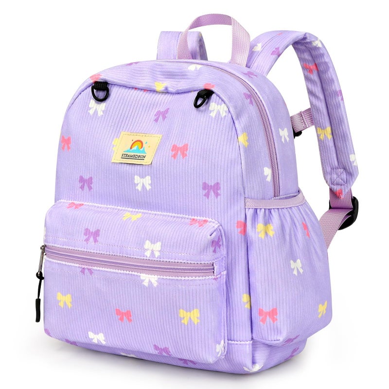 STEAMEDBUN Corduroy Toddler Backpack for Girls 24 Kids backpack for Girls 12 inch Preschool Kindergarten Backpacks Purple Bow - Image 2