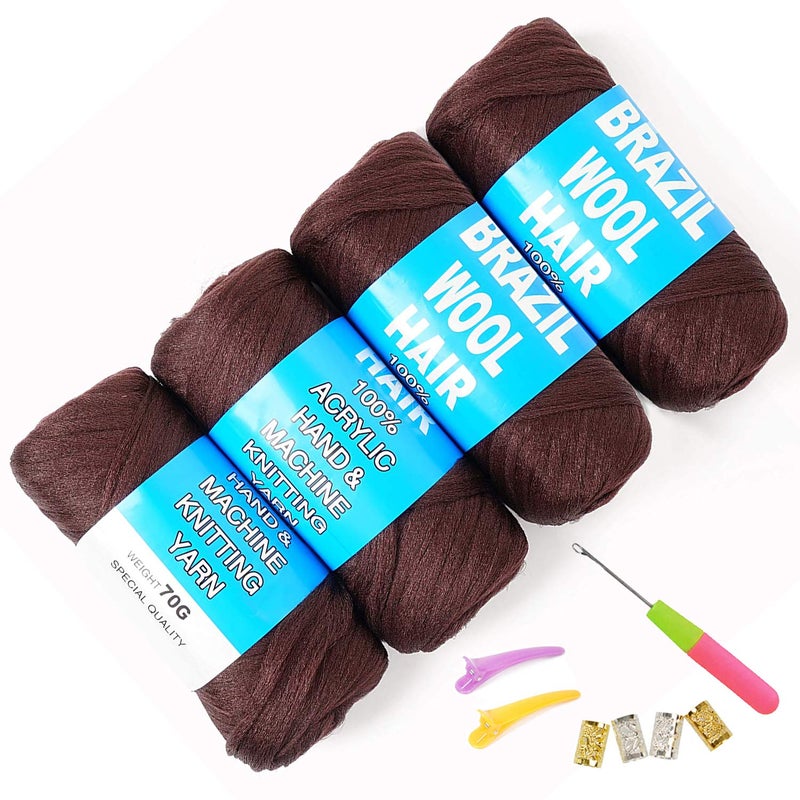 Youngther 100% Brazilian Wool Hair Acrylic Yarn for African Braids/Senegalese Twist/Faux Locs/Wraps and Crochet Hook(4 Roll,Coffee Brown) - Image 1