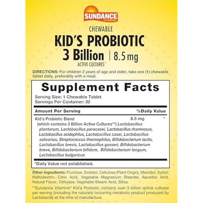 Sundance Kid's Chewable Probiotic | 30 Tablets | 3 Billion Active Cultures | Berry Flavor | Vegetarian, Non-GMO, and Gluten Free Supplement - Image 2