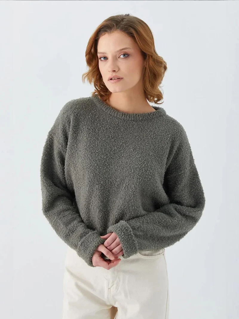 MixRay Mixray Plush Textured Crop Knit Sweater