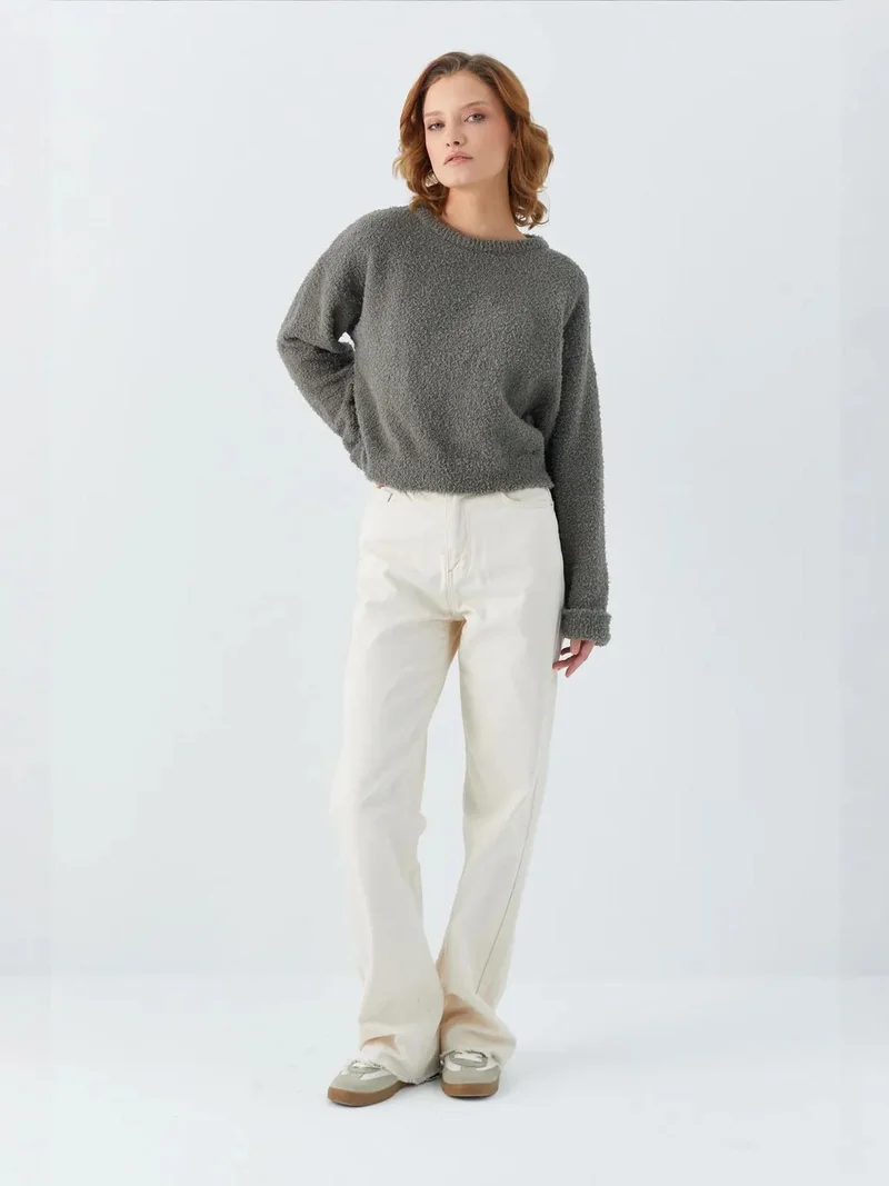 MixRay Mixray Plush Textured Crop Knit Sweater