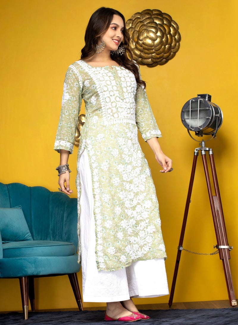 Alaya Women Hand Embroidered Chikankari Cotton Kurta-AL3637 - Image 3