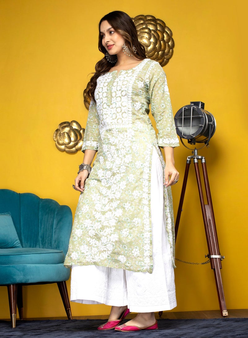 Alaya Women Hand Embroidered Chikankari Cotton Kurta-AL3637 - Image 4