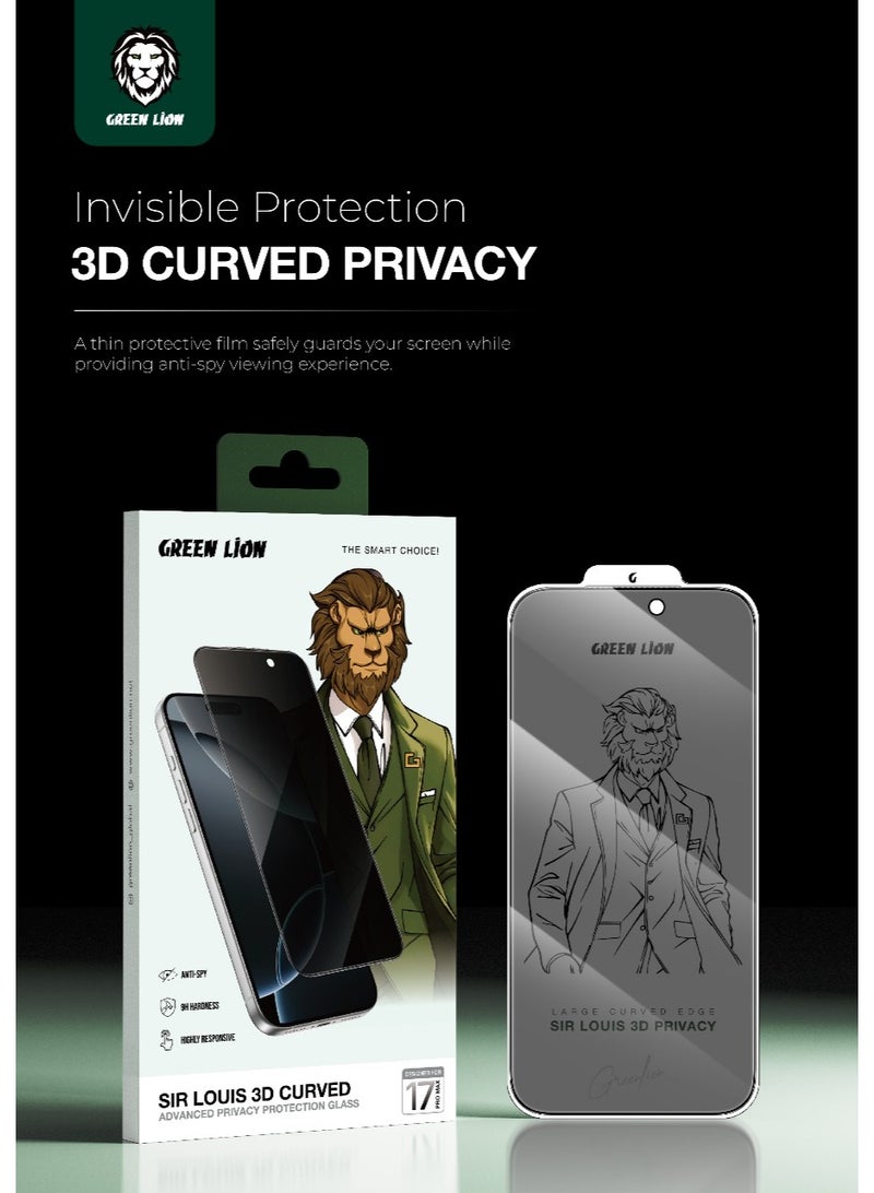 GREEN LION iPhone 17 Pro Max Privacy Glass Sir Louis 3D Curved Privacy Glass / Anti Scratch Screen Protector / Anti Fingerprint / Grease Resistance / HD Crystal Clear / 3D Curved Edge - Black Edge/Privacy - Image 2