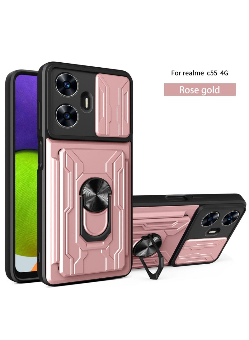 OPPO Realme C55 4G / Realme narzo N55 Mobile Phone Case Cover with Card Holder, Slide Camera Lens Cover, 360°Rotating Kickstand Ring, Bumper Shockproof Phone Case 