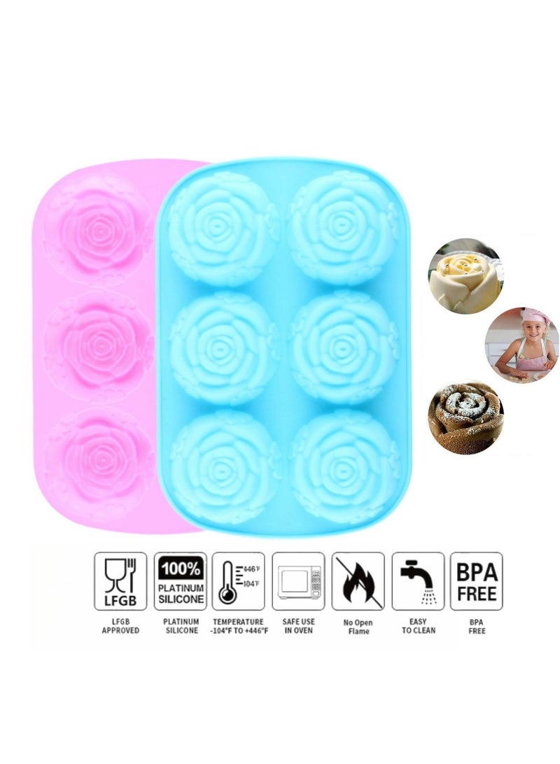 2-piece food grade silicone cake mold handmade 6-cavity rose flower high temperature resistant ice cube candy chocolate cake biscuit cupcake baking mold  - Image 1