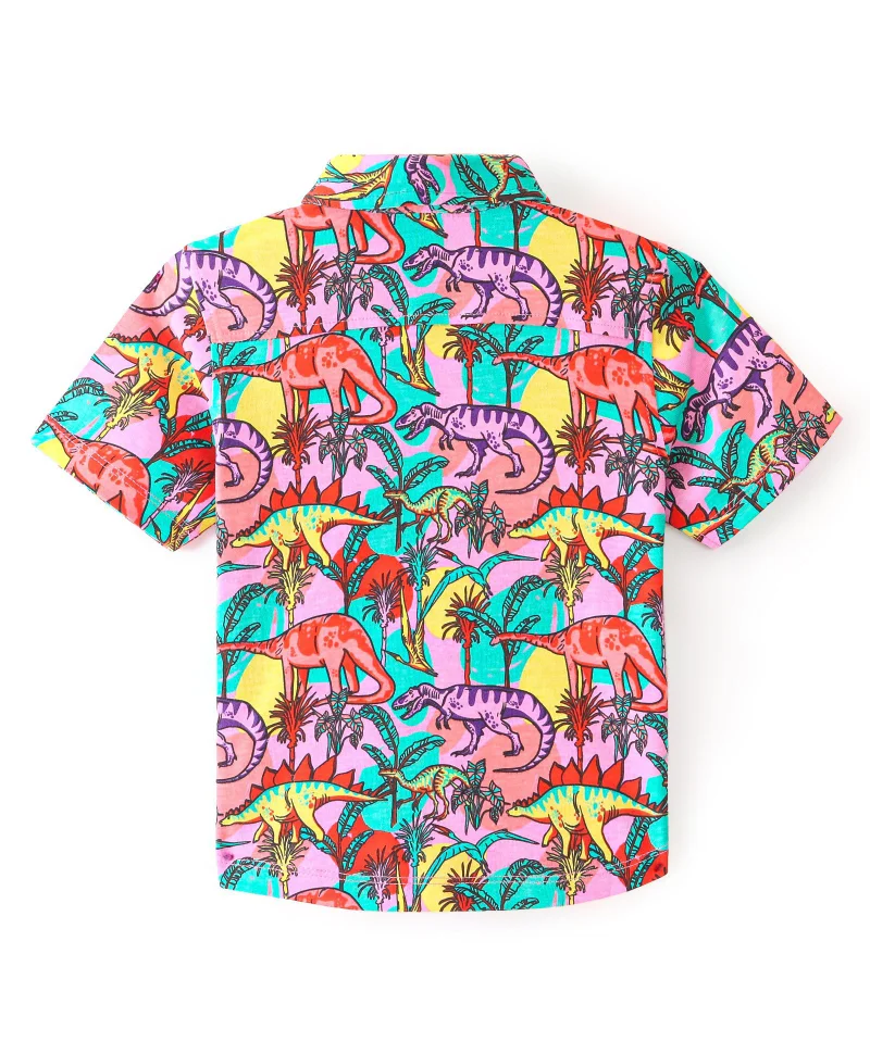 Babyhug Babyhug Cotton Knit Half Sleeves Regular Collar Dino Printed Shirt - Red & Blue