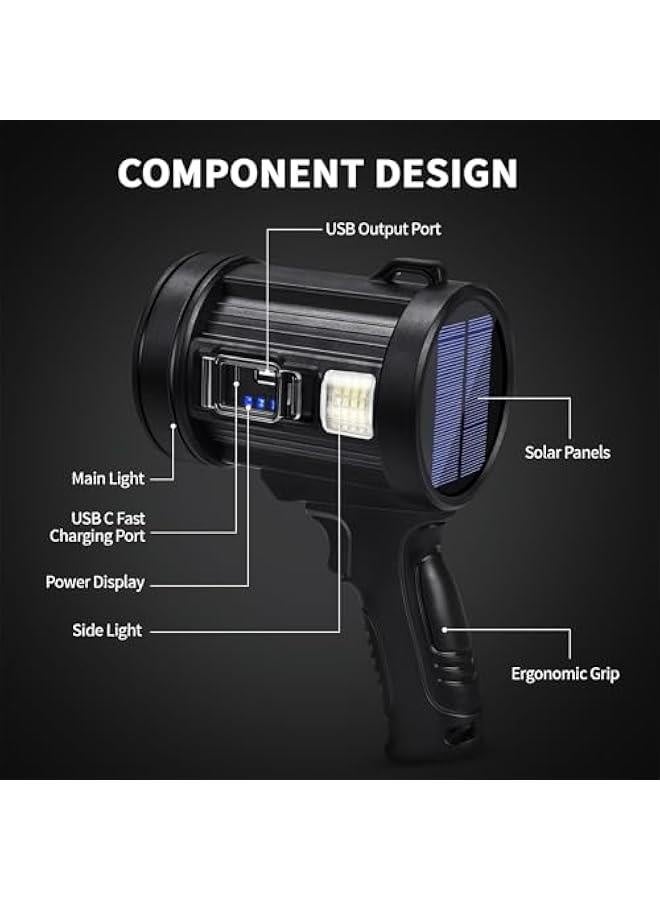 Rechargeable Spotlight Outdoor - 100000 Lumens Solar Handheld Led Spotlight Flashlight with Cob Light and Solar Panels - Lightweight and Portable Spot Light for Hunting Boating Marine - Image 5