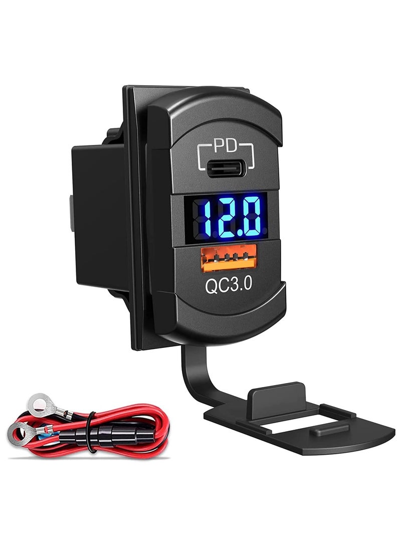 USB C Car Charger Socket with Rocker Switch, Dual PD and QC3.0 12V/24V Panel Mount USB Outlet and LED Voltmeter for Marine, Truck, Bus, Off-Road Vehicles, RV, Golf Cart and More. - Image 1