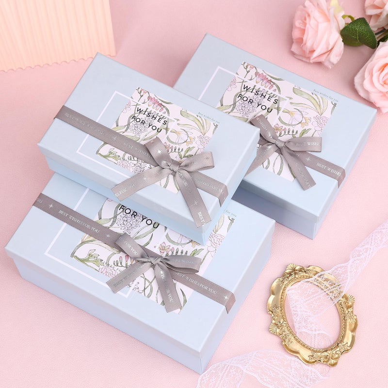 HOME ELEMENTS 3 Pcs Set of Elegant Decorative Gift Boxes with Bow, Rigid Cardboard Boxes, Decorative Present Boxes,Bridesmaid Box, Empty Gift Boxes for Presents, Hampers, Birthdays, Weddings & Events, Special Occasions (Blue) - Image 1