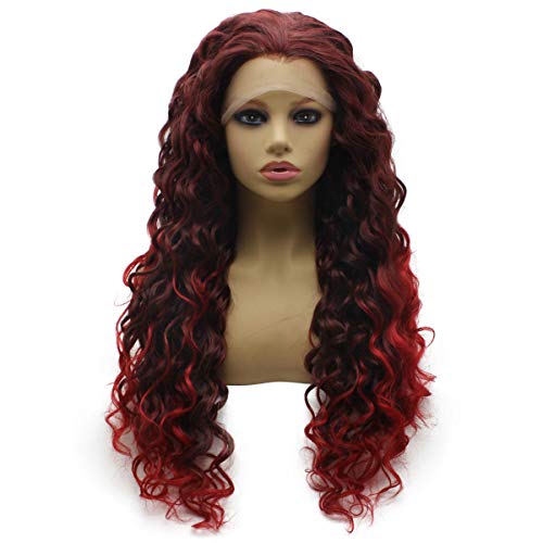 iwonawig Iwona Long Curly Ombre Auburn Red Two Tone Lace Front Wig Heat Resistant Fiber Hair - Image 2