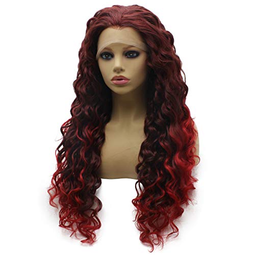 iwonawig Iwona Long Curly Ombre Auburn Red Two Tone Lace Front Wig Heat Resistant Fiber Hair - Image 5
