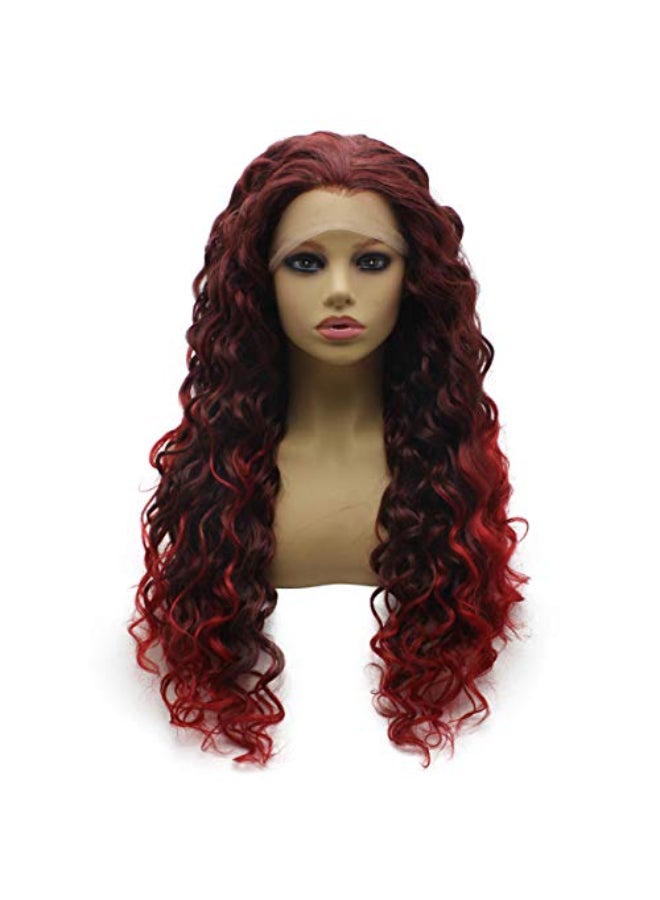 iwonawig Iwona Long Curly Ombre Auburn Red Two Tone Lace Front Wig Heat Resistant Fiber Hair - Image 1