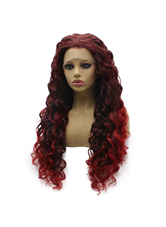 iwonawig Iwona Long Curly Ombre Auburn Red Two Tone Lace Front Wig Heat Resistant Fiber Hair - Image 4