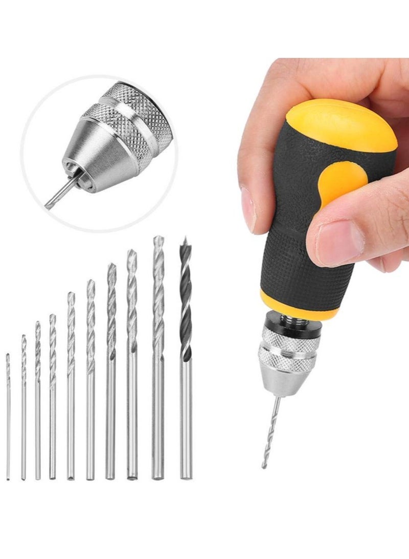 Hand Drill Tool, Portable Tool Set, Small Hand Drill & 10 pcs Twist Drill Bits 0.8-3.0mm Precision Woodworking Hand Drill for Model Jewelry Rotary Tools