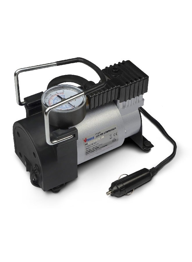 VTOOLS 12V Portable Air Compressor Single Cylinder With 100 PSI, Tyre Inflator For Car/SUV With Auto Stop, Carrying Bag,1 Meter 4 Nozzles - Image 1