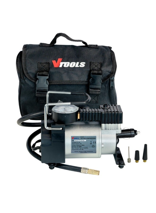 VTOOLS 12V Portable Air Compressor Single Cylinder With 100 PSI, Tyre Inflator For Car/SUV With Auto Stop, Carrying Bag,1 Meter 4 Nozzles - Image 3