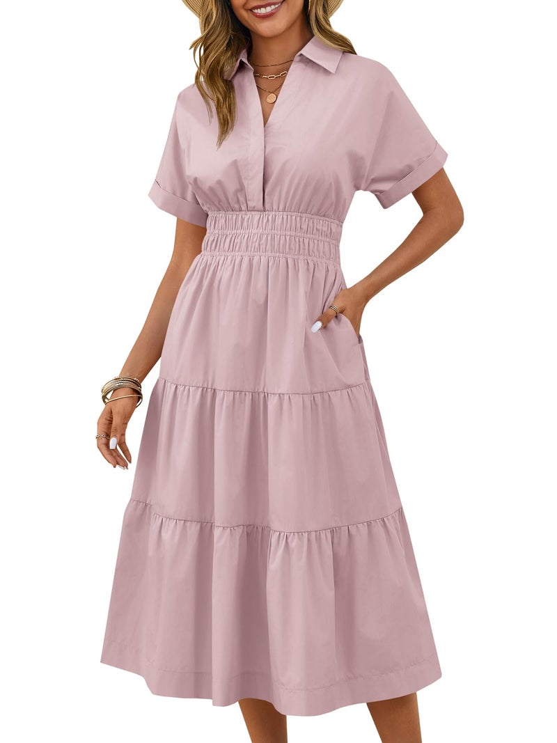 Wenrine Womens Summer Short Sleeve Maxi Dresses Casual V Neck Smocked Loose Tiered Flowy Shirt Dress with Pockets Light Pink - Image 1