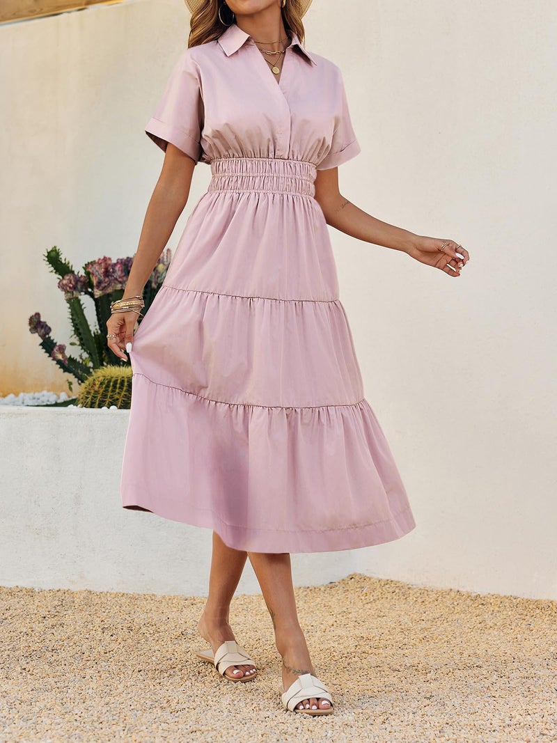 Wenrine Womens Summer Short Sleeve Maxi Dresses Casual V Neck Smocked Loose Tiered Flowy Shirt Dress with Pockets Light Pink - Image 3