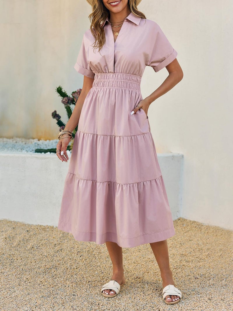 Wenrine Womens Summer Short Sleeve Maxi Dresses Casual V Neck Smocked Loose Tiered Flowy Shirt Dress with Pockets Light Pink - Image 2