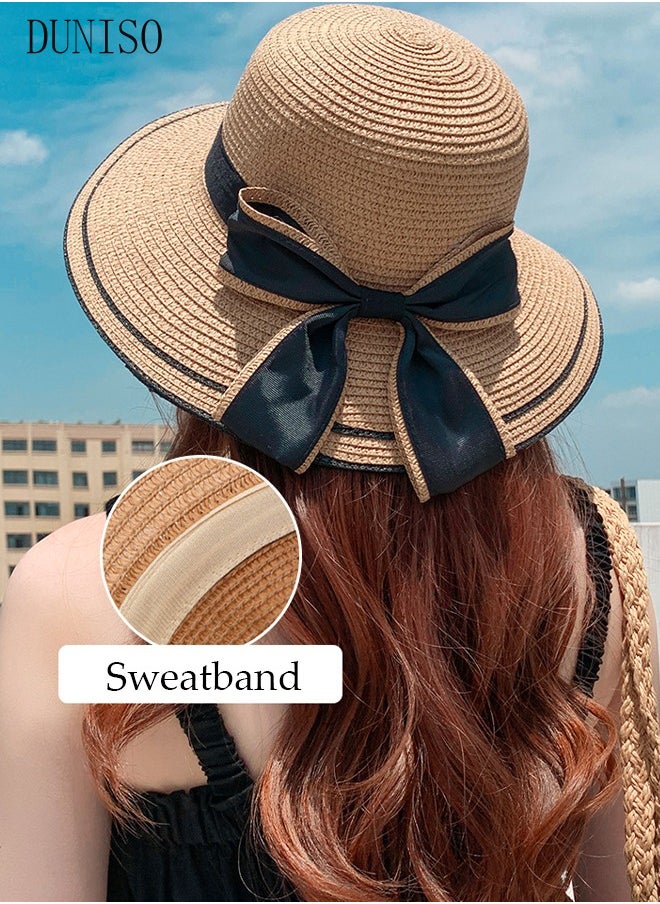 DUNISO - Women's Foldable Sun Straw Hat Big Bowknot Summer Wide Brim Roll Up Beach Cap Summer Solid Travel Beach Cap UV Protection UPF50+ for Vacation Outdoor Activities - Image 1