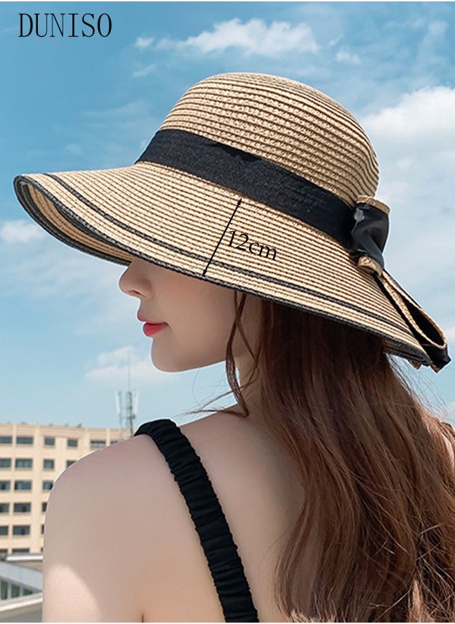 DUNISO - Women's Foldable Sun Straw Hat Big Bowknot Summer Wide Brim Roll Up Beach Cap Summer Solid Travel Beach Cap UV Protection UPF50+ for Vacation Outdoor Activities - Image 1