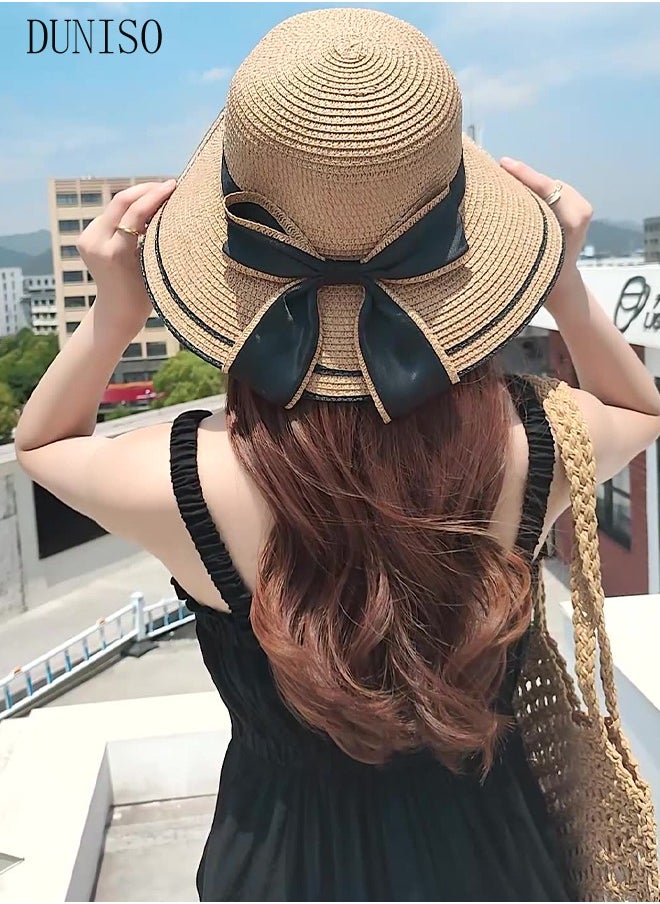 DUNISO - Women's Foldable Sun Straw Hat Big Bowknot Summer Wide Brim Roll Up Beach Cap Summer Solid Travel Beach Cap UV Protection UPF50+ for Vacation Outdoor Activities - Image 1