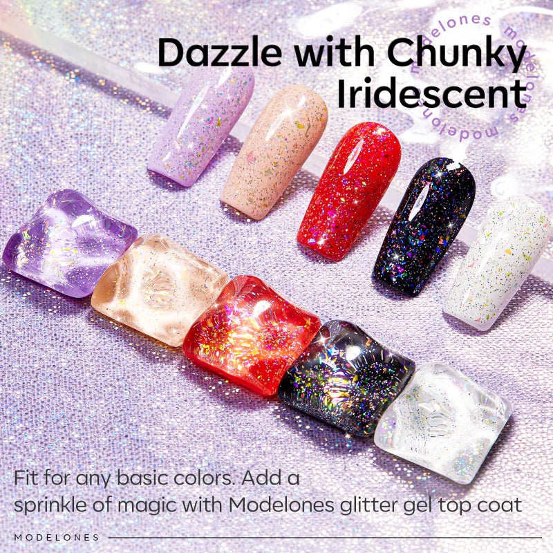 modelones Glitter Gel Nail Polish Top Coat, Rainbow Confetti Gel Top Coat with Scattered Sparkle Shimmer Sequins, Soak Off Long Lasting High Glossy Finish Home Salon DIY Manicure Nail Art - Image 3
