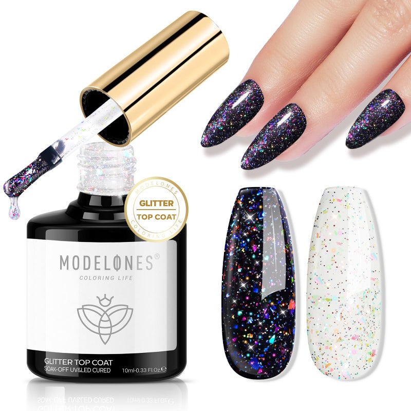 modelones Glitter Gel Nail Polish Top Coat, Rainbow Confetti Gel Top Coat with Scattered Sparkle Shimmer Sequins, Soak Off Long Lasting High Glossy Finish Home Salon DIY Manicure Nail Art - Image 1