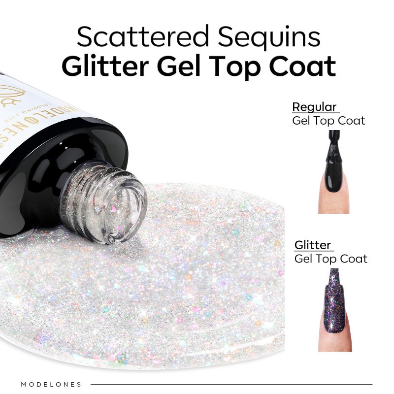 modelones Glitter Gel Nail Polish Top Coat, Rainbow Confetti Gel Top Coat with Scattered Sparkle Shimmer Sequins, Soak Off Long Lasting High Glossy Finish Home Salon DIY Manicure Nail Art - Image 2