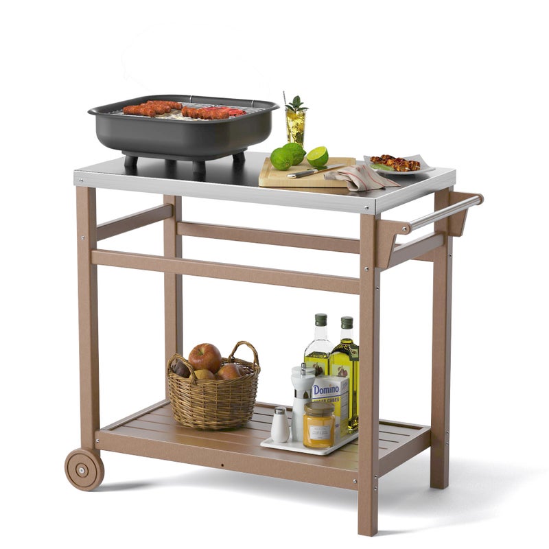 TORVA TORVA Outdoor Prep Grill Carts 303 Stainless Steel Tabletop with High Load Capacity Portable BBQ Table HDPE Durable Frame 2Tier Storage Cart Wood 