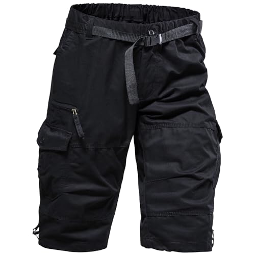 Mylldey Men's Cargo Shorts 3/4 Relaxed Fit Mens Running Shorts 7 Pockets Elastic Waist Cotton Hiking Shorts (Black, M) - Image 1