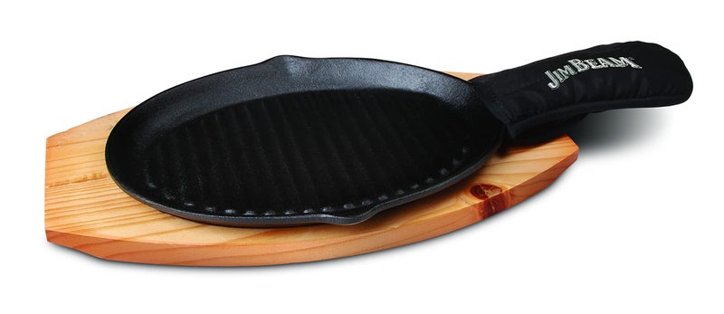 Jim Beam JB0159 Heavy Duty Construction Pre Seasoned Cast Iron Skillet with Wooden Base and Mitt BlackSmall