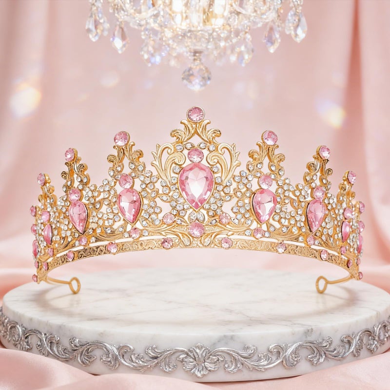 JITINX Tiaras Crown for Women, Queen Crown, Bridal for Tiaras Headband Wedding, Birthday Party Prom Princess Crystal Crowns Hair Accessories (Gold Pink) - Image 3