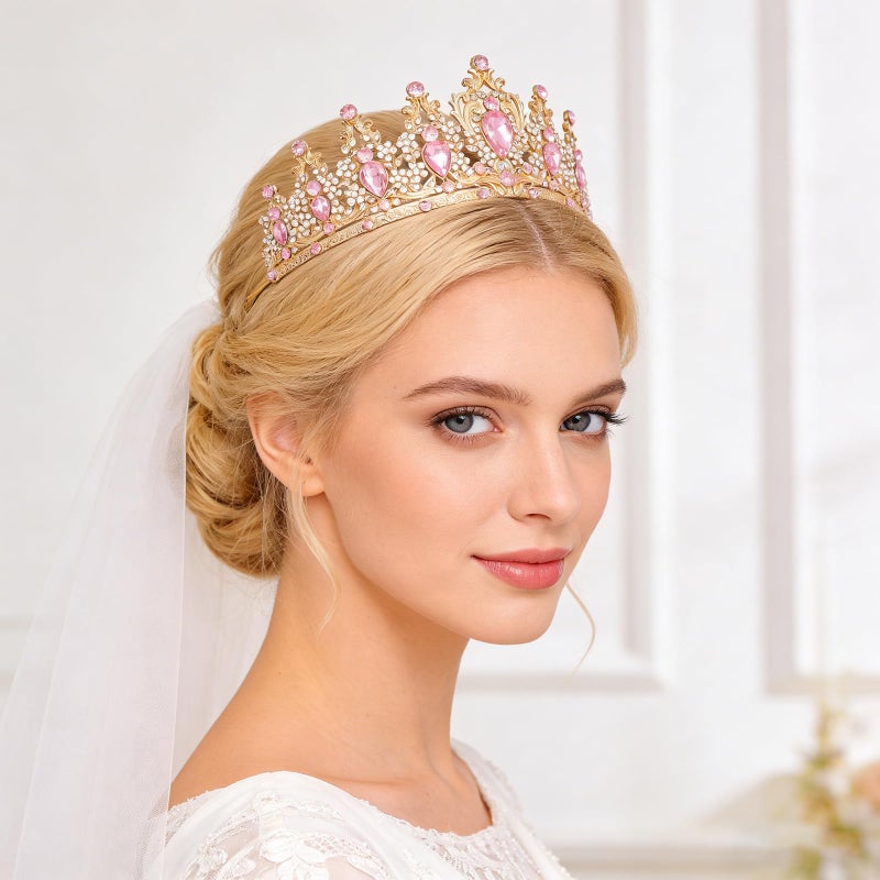 JITINX Tiaras Crown for Women, Queen Crown, Bridal for Tiaras Headband Wedding, Birthday Party Prom Princess Crystal Crowns Hair Accessories (Gold Pink) - Image 5