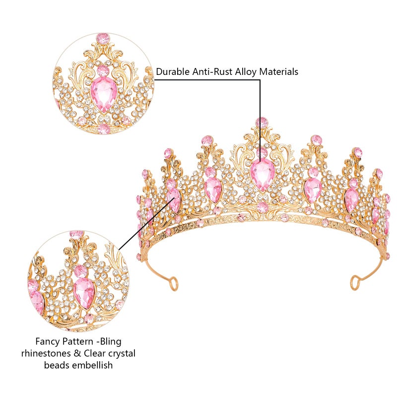 JITINX Tiaras Crown for Women, Queen Crown, Bridal for Tiaras Headband Wedding, Birthday Party Prom Princess Crystal Crowns Hair Accessories (Gold Pink) - Image 4
