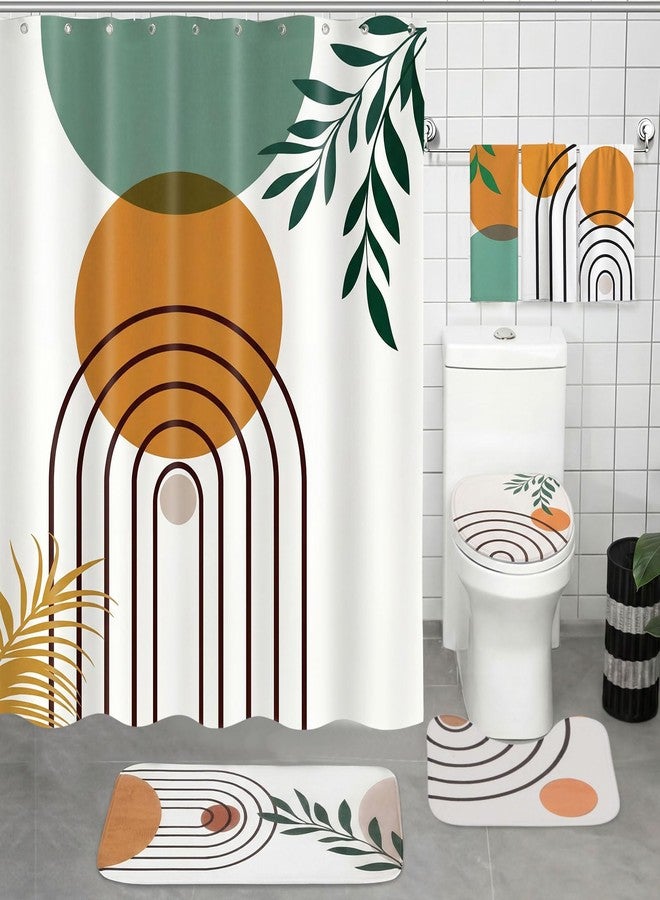 Haull 7 Pcs Boho Abstract Shower Curtain Bathroom Set Modern Botanical Non Slip Rug Toilet Lid Cover Bath Mat Towels Decor with 12 Hooks Waterproof Shower Curtain for Neutral Earth Tone Bathroom Decor - Image 5