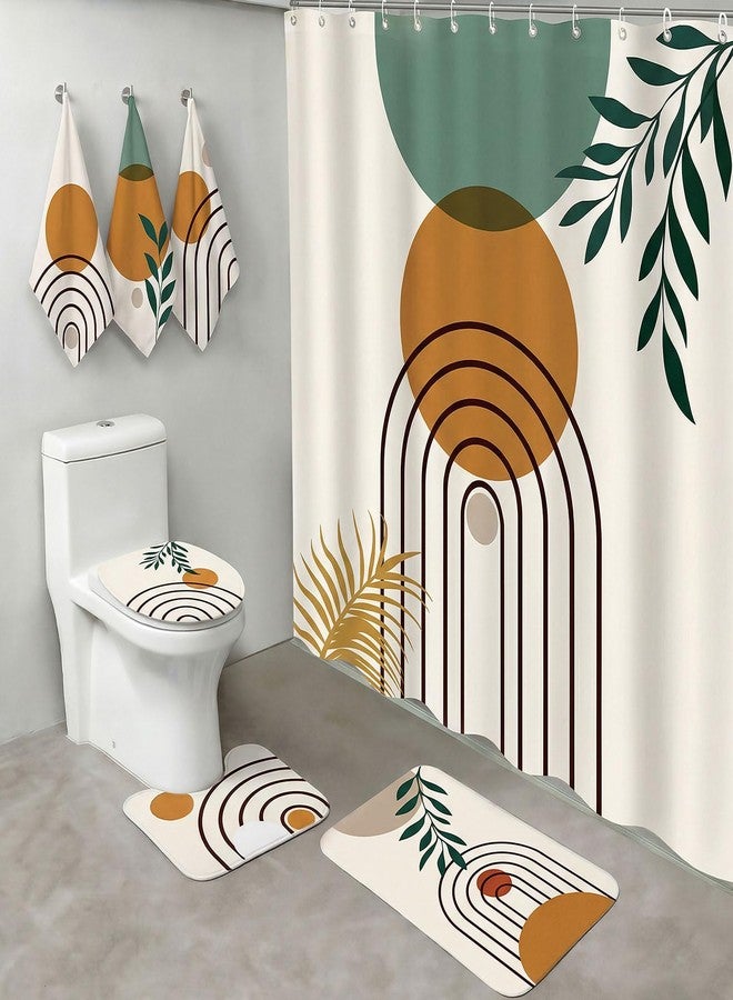 Haull 7 Pcs Boho Abstract Shower Curtain Bathroom Set Modern Botanical Non Slip Rug Toilet Lid Cover Bath Mat Towels Decor with 12 Hooks Waterproof Shower Curtain for Neutral Earth Tone Bathroom Decor - Image 1