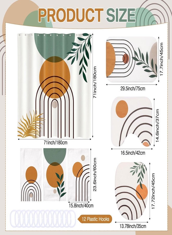 Haull 7 Pcs Boho Abstract Shower Curtain Bathroom Set Modern Botanical Non Slip Rug Toilet Lid Cover Bath Mat Towels Decor with 12 Hooks Waterproof Shower Curtain for Neutral Earth Tone Bathroom Decor - Image 2