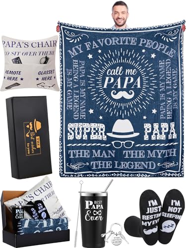 VitalCozy 6 Pcs Fathers Day Papa Grandpa Gift Men Present Include Papa Blanket Pillow Cover with Pocket Stainless Steel Tumbler with Lid Socks Keychain and Gift Box for Dad Best Grandpa Birthday - Image 1
